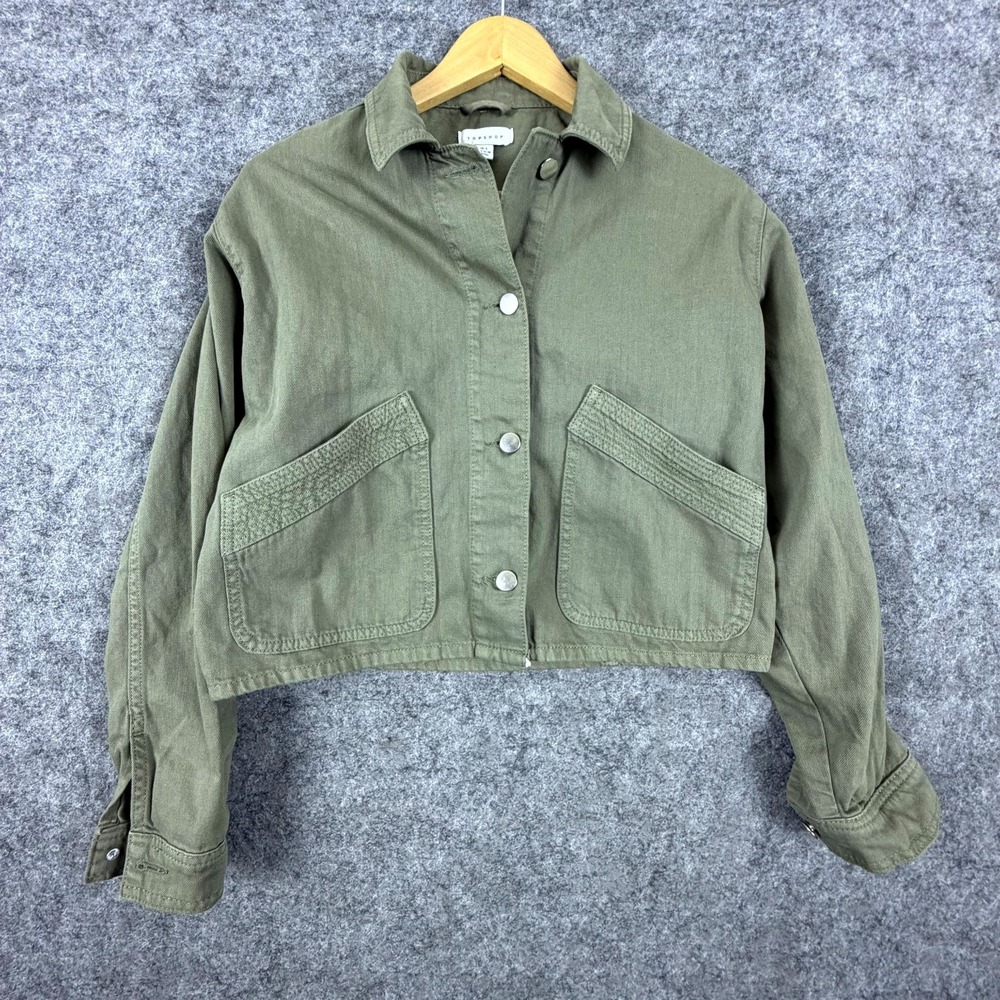 Topshop Cropped Jacket Womens Small Olive Green Utility NeutOutdoor Button Front